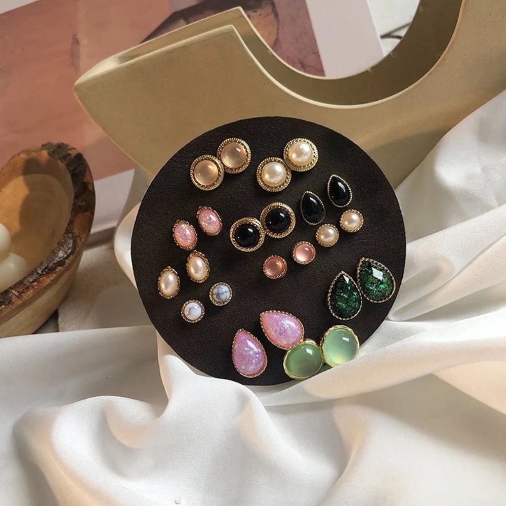 12 Pairs Retro Opal Enamel Stud Gold Earrings Set - Picture 3 of 11